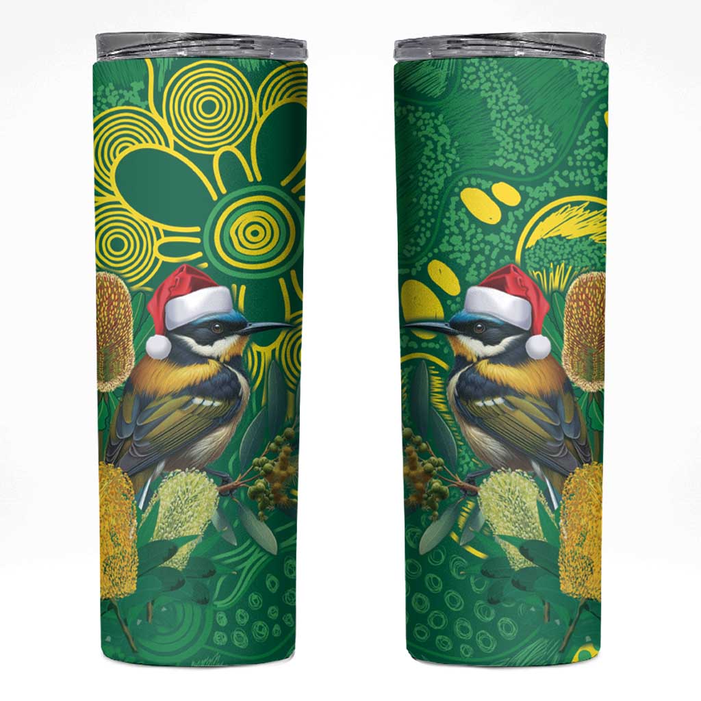 Aussie Honeyeaters Banksia Christmas Skinny Tumbler Aboriginal Dots Painting Green Motif - Aussie Hoodie