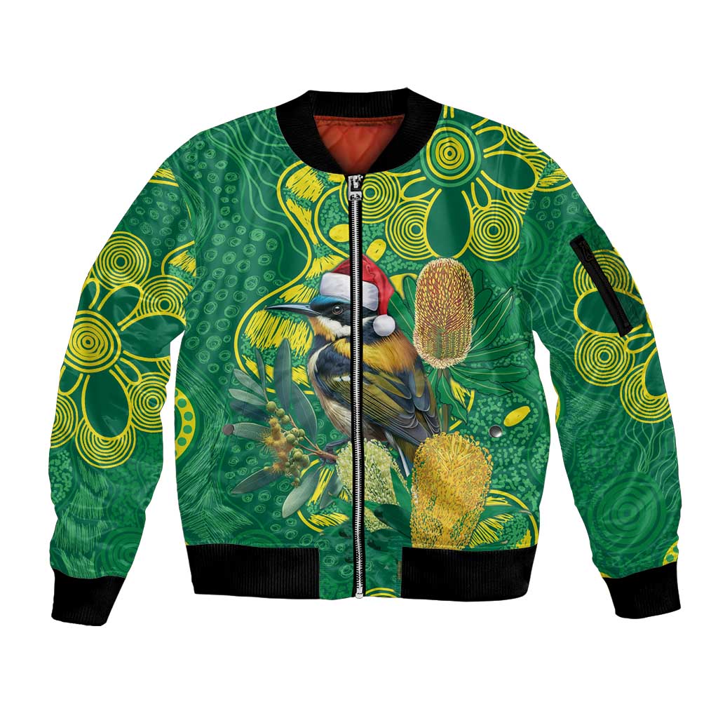 Aussie Honeyeaters Banksia Christmas Sleeve Zip Bomber Jacket Aboriginal Dots Painting Green Motif - Aussie Hoodie