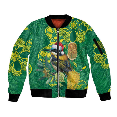 Aussie Honeyeaters Banksia Christmas Sleeve Zip Bomber Jacket Aboriginal Dots Painting Green Motif - Aussie Hoodie