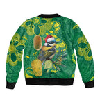 Aussie Honeyeaters Banksia Christmas Sleeve Zip Bomber Jacket Aboriginal Dots Painting Green Motif - Aussie Hoodie