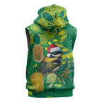 Aussie Honeyeaters Banksia Christmas Sleeveless Hoodie Aboriginal Dots Painting Green Motif - Aussie Hoodie