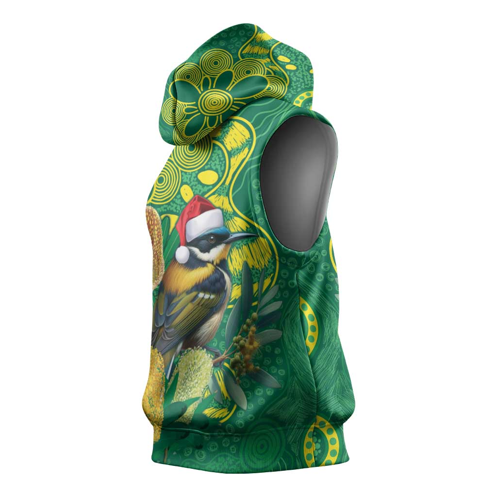 Aussie Honeyeaters Banksia Christmas Sleeveless Hoodie Aboriginal Dots Painting Green Motif - Aussie Hoodie