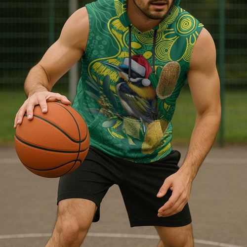 Aussie Honeyeaters Banksia Christmas Sleeveless Hoodie Aboriginal Dots Painting Green Motif - Aussie Hoodie
