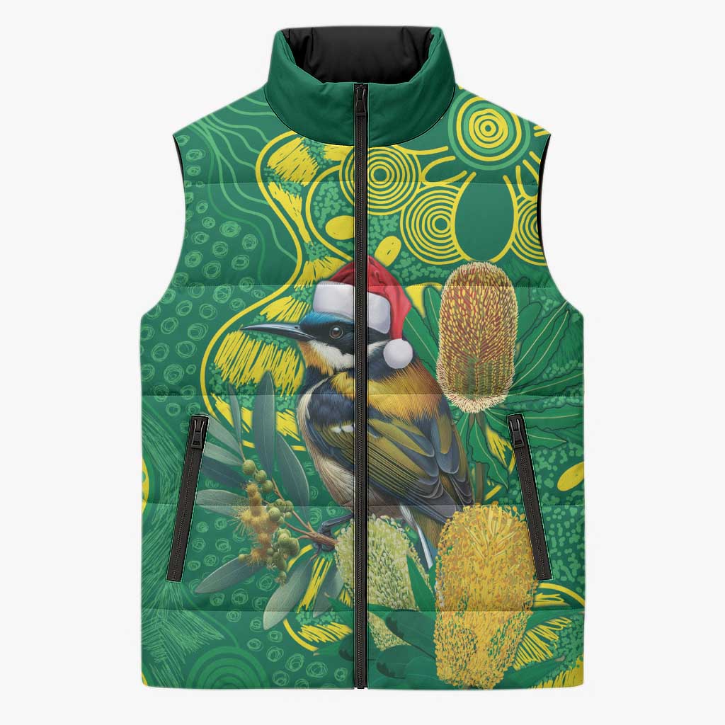 Aussie Honeyeaters Banksia Christmas Sleeveless Puffer Jacket Aboriginal Dots Painting Green Motif - Aussie Hoodie