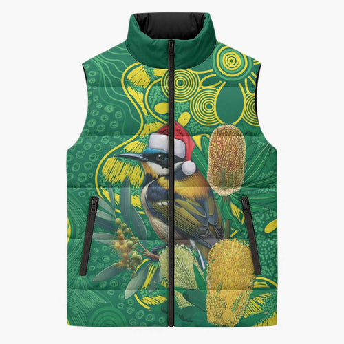 Aussie Honeyeaters Banksia Christmas Sleeveless Puffer Jacket Aboriginal Dots Painting Green Motif - Aussie Hoodie