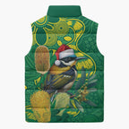 Aussie Honeyeaters Banksia Christmas Sleeveless Puffer Jacket Aboriginal Dots Painting Green Motif - Aussie Hoodie