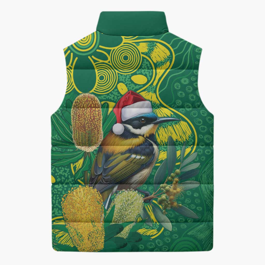 Aussie Honeyeaters Banksia Christmas Sleeveless Puffer Jacket Aboriginal Dots Painting Green Motif - Aussie Hoodie