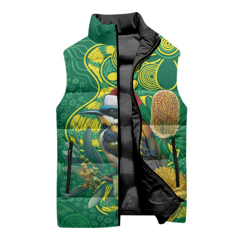 Aussie Honeyeaters Banksia Christmas Sleeveless Puffer Jacket Aboriginal Dots Painting Green Motif - Aussie Hoodie