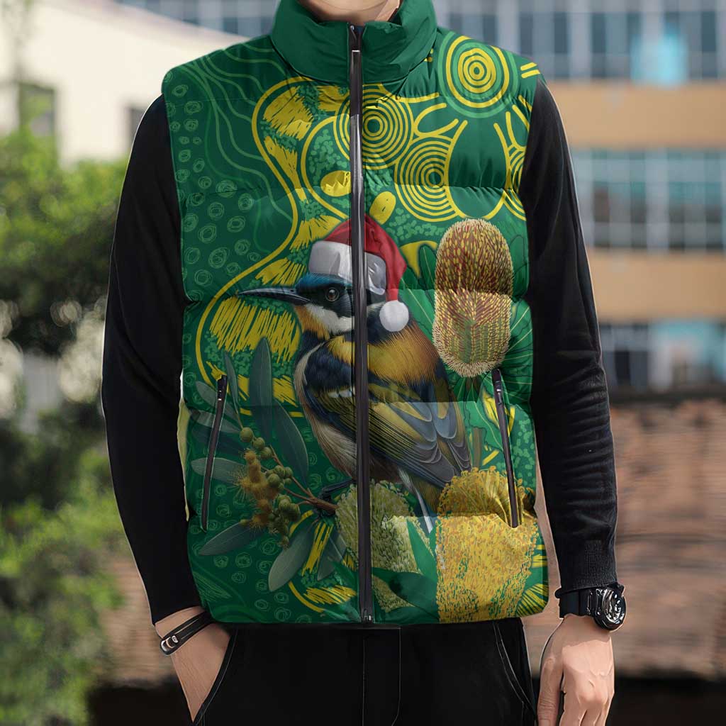 Aussie Honeyeaters Banksia Christmas Sleeveless Puffer Jacket Aboriginal Dots Painting Green Motif - Aussie Hoodie