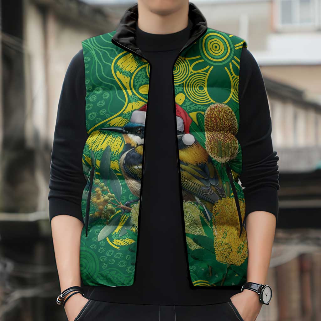 Aussie Honeyeaters Banksia Christmas Sleeveless Puffer Jacket Aboriginal Dots Painting Green Motif - Aussie Hoodie