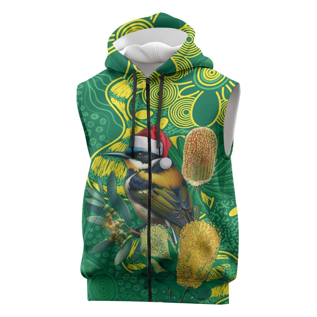 Aussie Honeyeaters Banksia Christmas Sleeveless Zip Hoodie Aboriginal Dots Painting Green Motif LT9