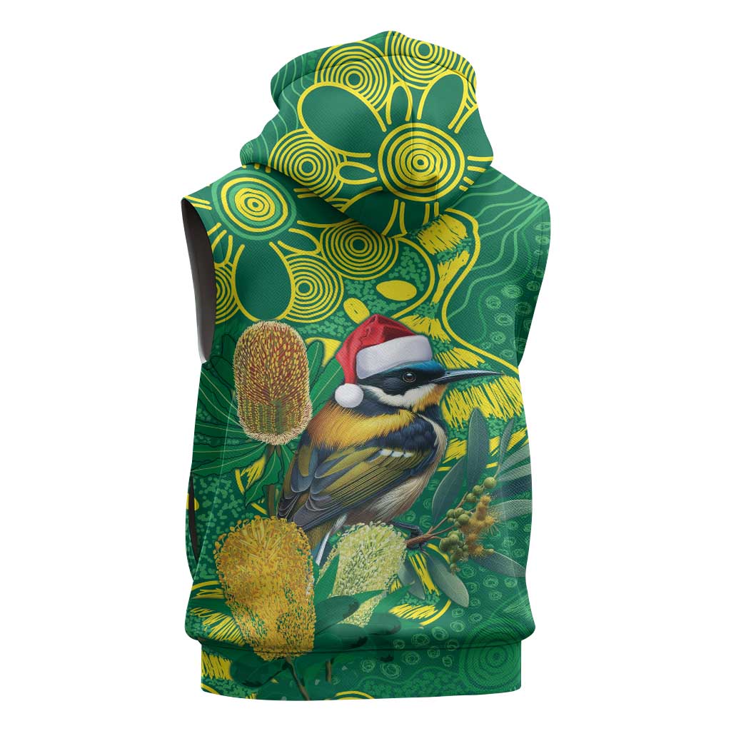 Aussie Honeyeaters Banksia Christmas Sleeveless Zip Hoodie Aboriginal Dots Painting Green Motif LT9