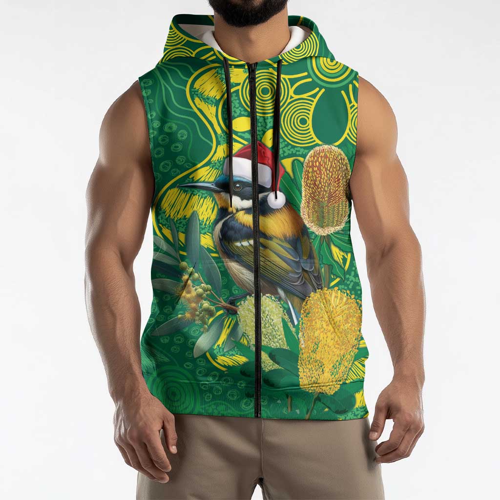 Aussie Honeyeaters Banksia Christmas Sleeveless Zip Hoodie Aboriginal Dots Painting Green Motif LT9