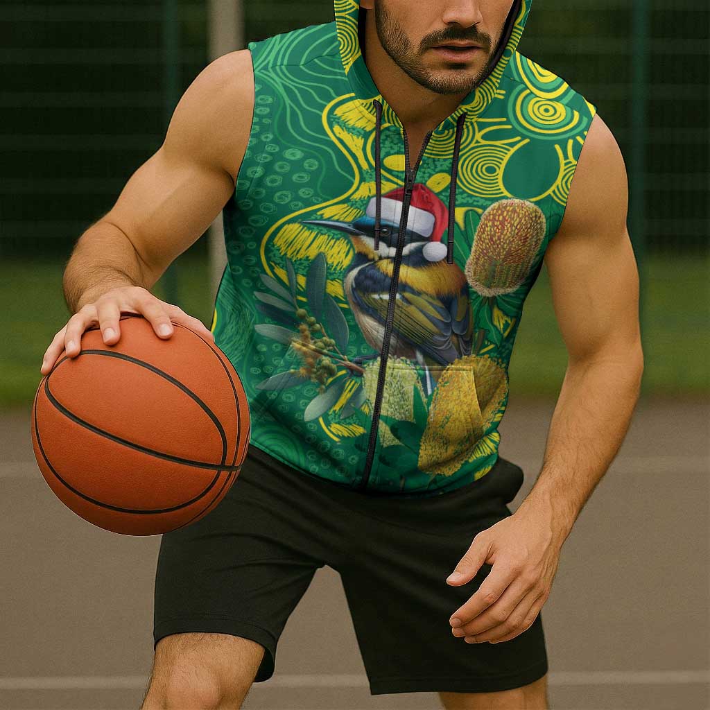 Aussie Honeyeaters Banksia Christmas Sleeveless Zip Hoodie Aboriginal Dots Painting Green Motif LT9