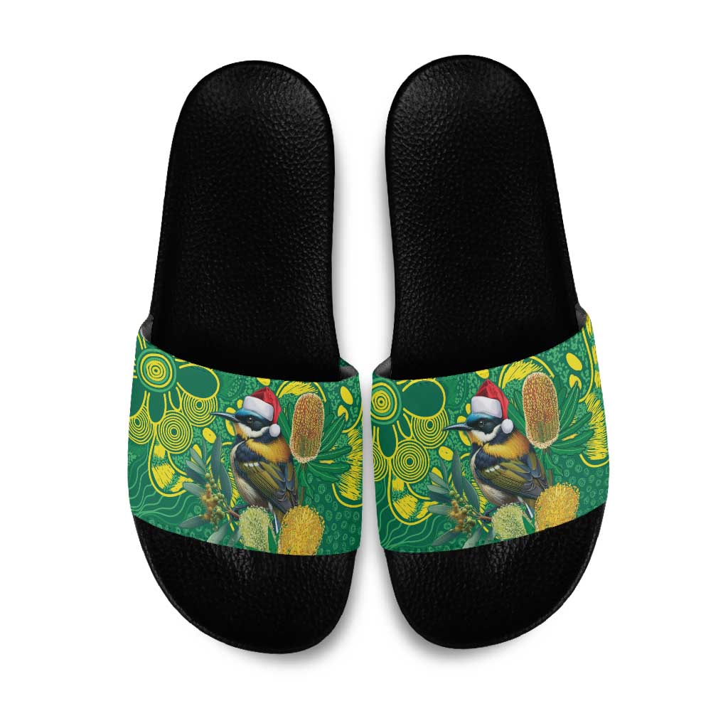 Aussie Honeyeaters Banksia Christmas Slide Sandals Aboriginal Dots Painting Green Motif - Aussie Hoodie