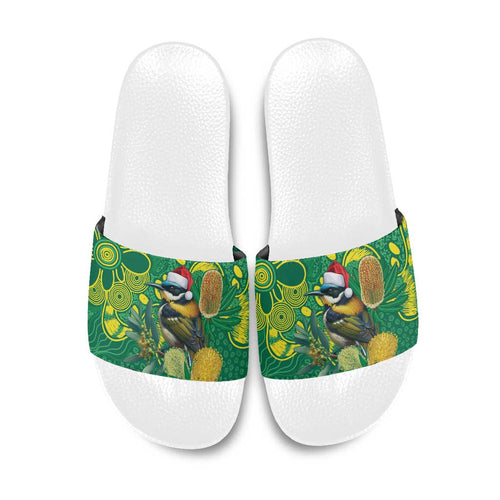 Aussie Honeyeaters Banksia Christmas Slide Sandals Aboriginal Dots Painting Green Motif - Aussie Hoodie
