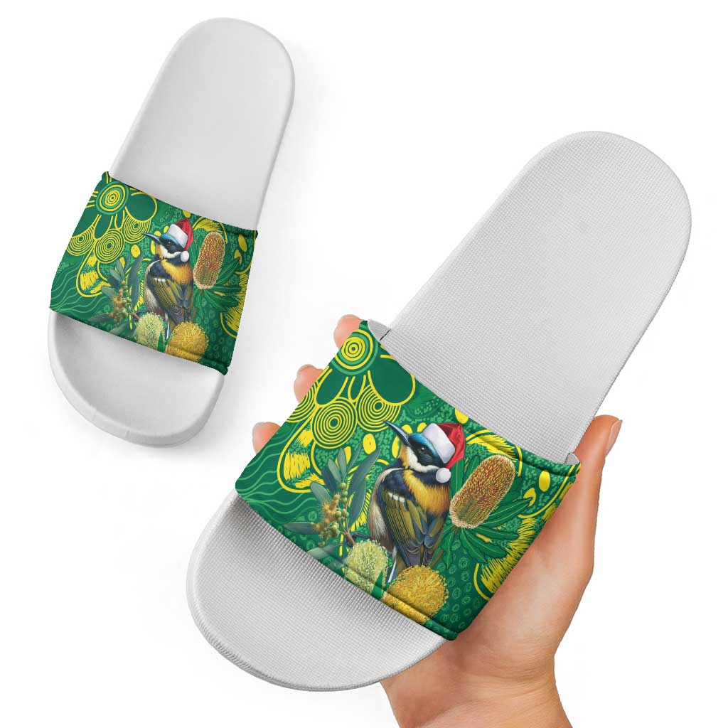 Aussie Honeyeaters Banksia Christmas Slide Sandals Aboriginal Dots Painting Green Motif - Aussie Hoodie