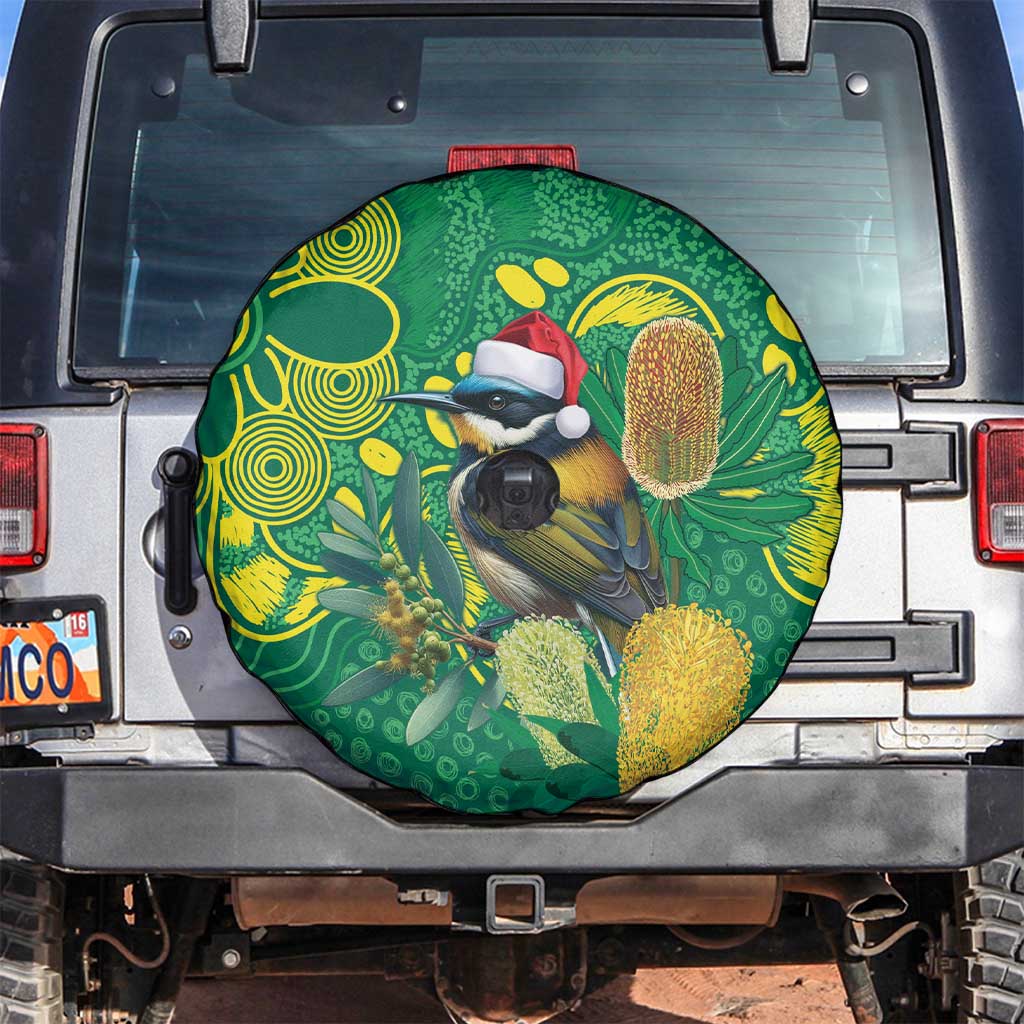 Aussie Honeyeaters Banksia Christmas Spare Tire Cover Aboriginal Dots Painting Green Motif - Aussie Hoodie