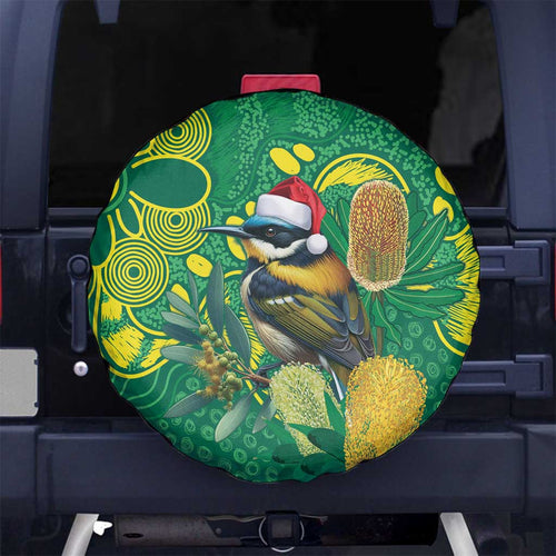 Aussie Honeyeaters Banksia Christmas Spare Tire Cover Aboriginal Dots Painting Green Motif - Aussie Hoodie