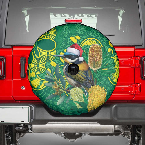 Aussie Honeyeaters Banksia Christmas Spare Tire Cover Aboriginal Dots Painting Green Motif - Aussie Hoodie