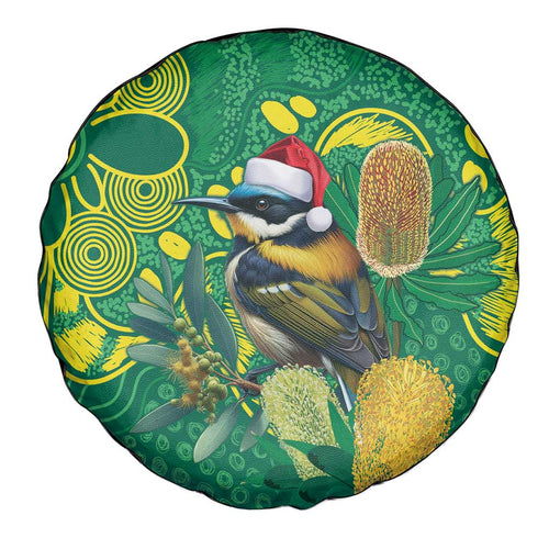Aussie Honeyeaters Banksia Christmas Spare Tire Cover Aboriginal Dots Painting Green Motif - Aussie Hoodie
