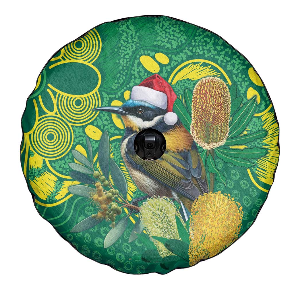 Aussie Honeyeaters Banksia Christmas Spare Tire Cover Aboriginal Dots Painting Green Motif - Aussie Hoodie