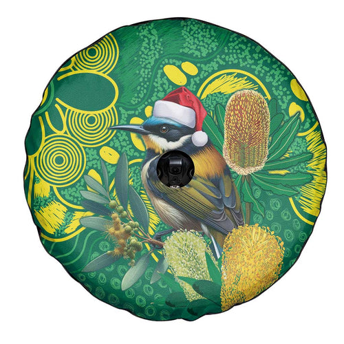 Aussie Honeyeaters Banksia Christmas Spare Tire Cover Aboriginal Dots Painting Green Motif - Aussie Hoodie