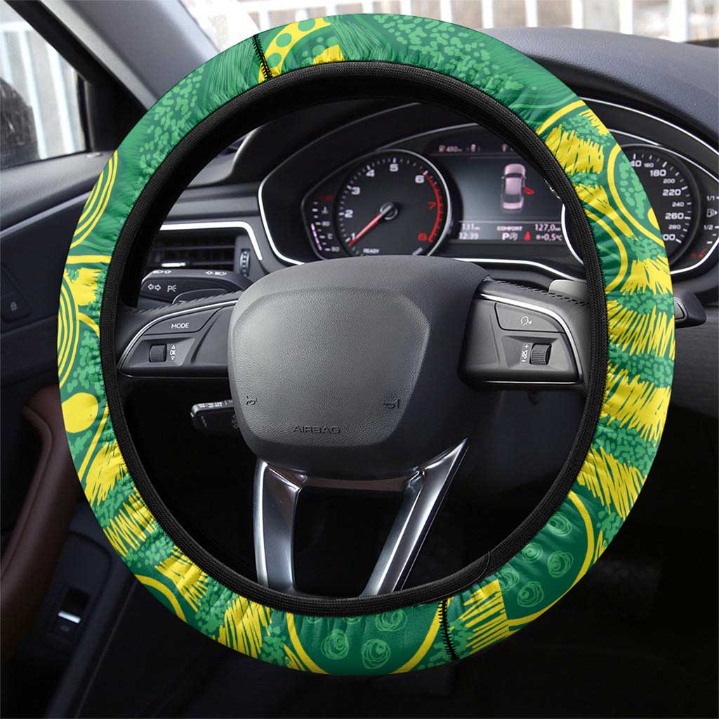 Aussie Honeyeaters Banksia Christmas Steering Wheel Cover Aboriginal Dots Painting Green Motif - Aussie Hoodie