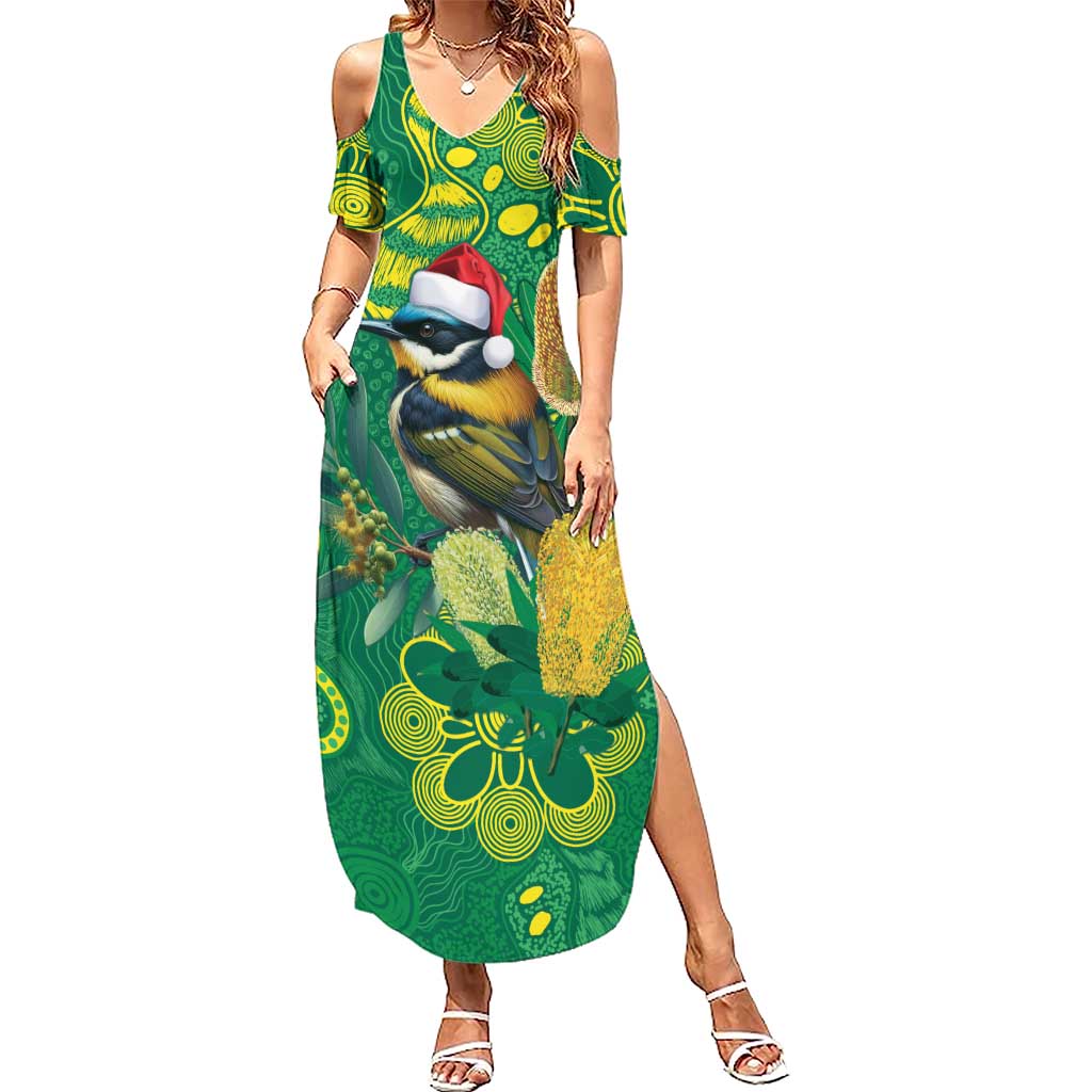 Aussie Honeyeaters Banksia Christmas Summer Maxi Dress Aboriginal Dots Painting Green Motif - Aussie Hoodie