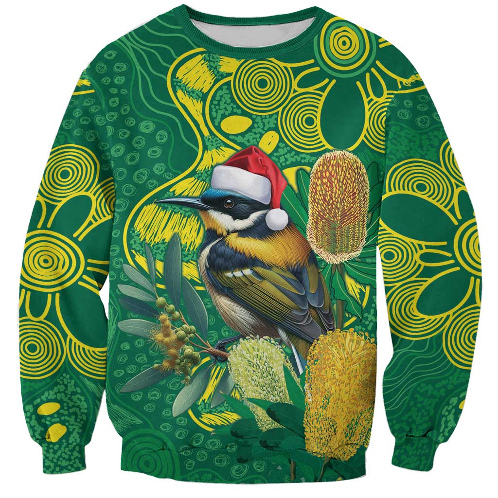 Aussie Honeyeaters Banksia Christmas Sweatshirt Aboriginal Dots Painting Green Motif - Aussie Hoodie