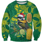 Aussie Honeyeaters Banksia Christmas Sweatshirt Aboriginal Dots Painting Green Motif - Aussie Hoodie