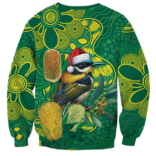 Aussie Honeyeaters Banksia Christmas Sweatshirt Aboriginal Dots Painting Green Motif - Aussie Hoodie