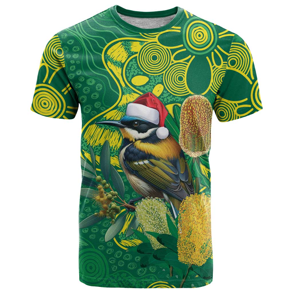 Aussie Honeyeaters Banksia Christmas T Shirt Aboriginal Dots Painting Green Motif - Aussie Hoodie