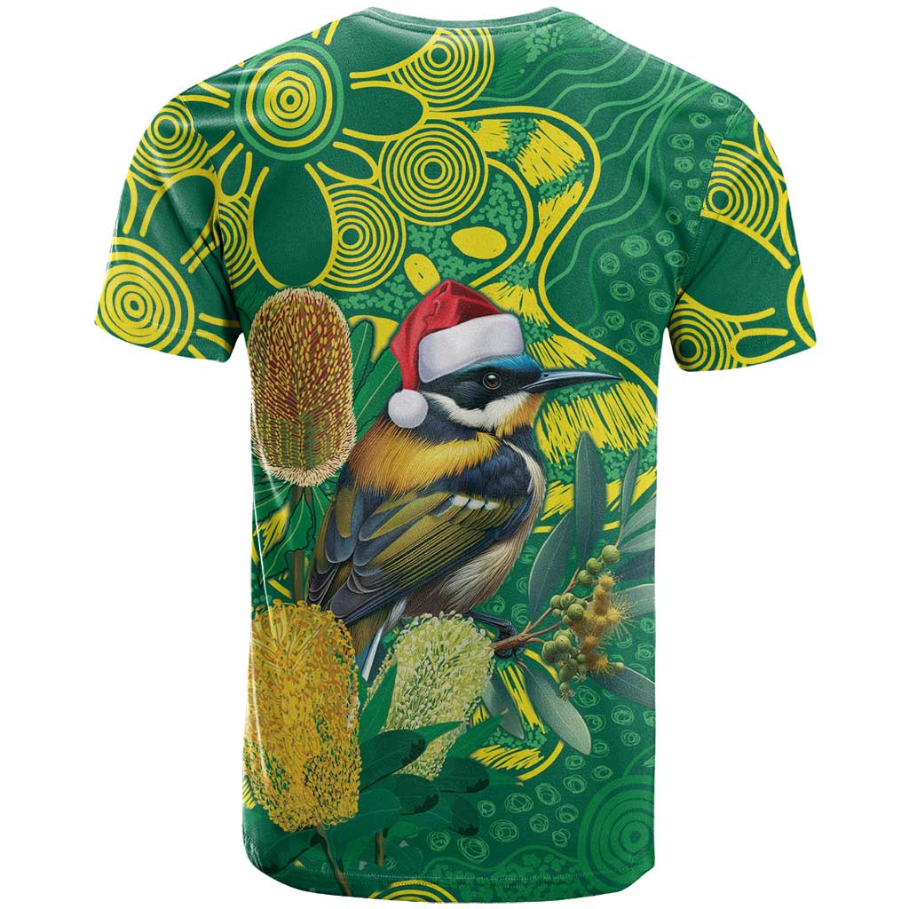 Aussie Honeyeaters Banksia Christmas T Shirt Aboriginal Dots Painting Green Motif - Aussie Hoodie