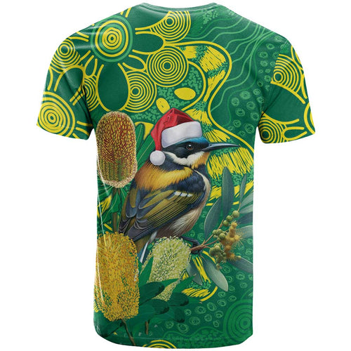 Aussie Honeyeaters Banksia Christmas T Shirt Aboriginal Dots Painting Green Motif - Aussie Hoodie