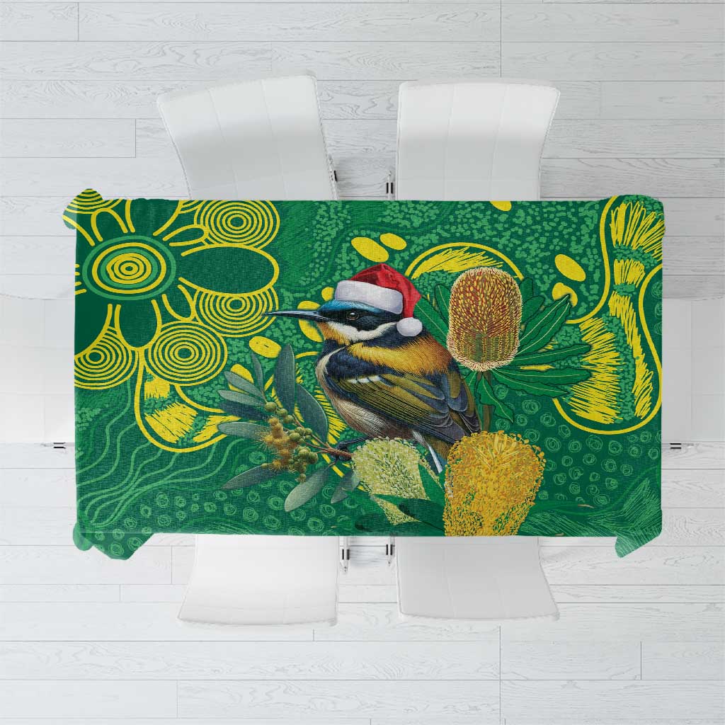 Aussie Honeyeaters Banksia Christmas Tablecloth Aboriginal Dots Painting Green Motif - Aussie Hoodie