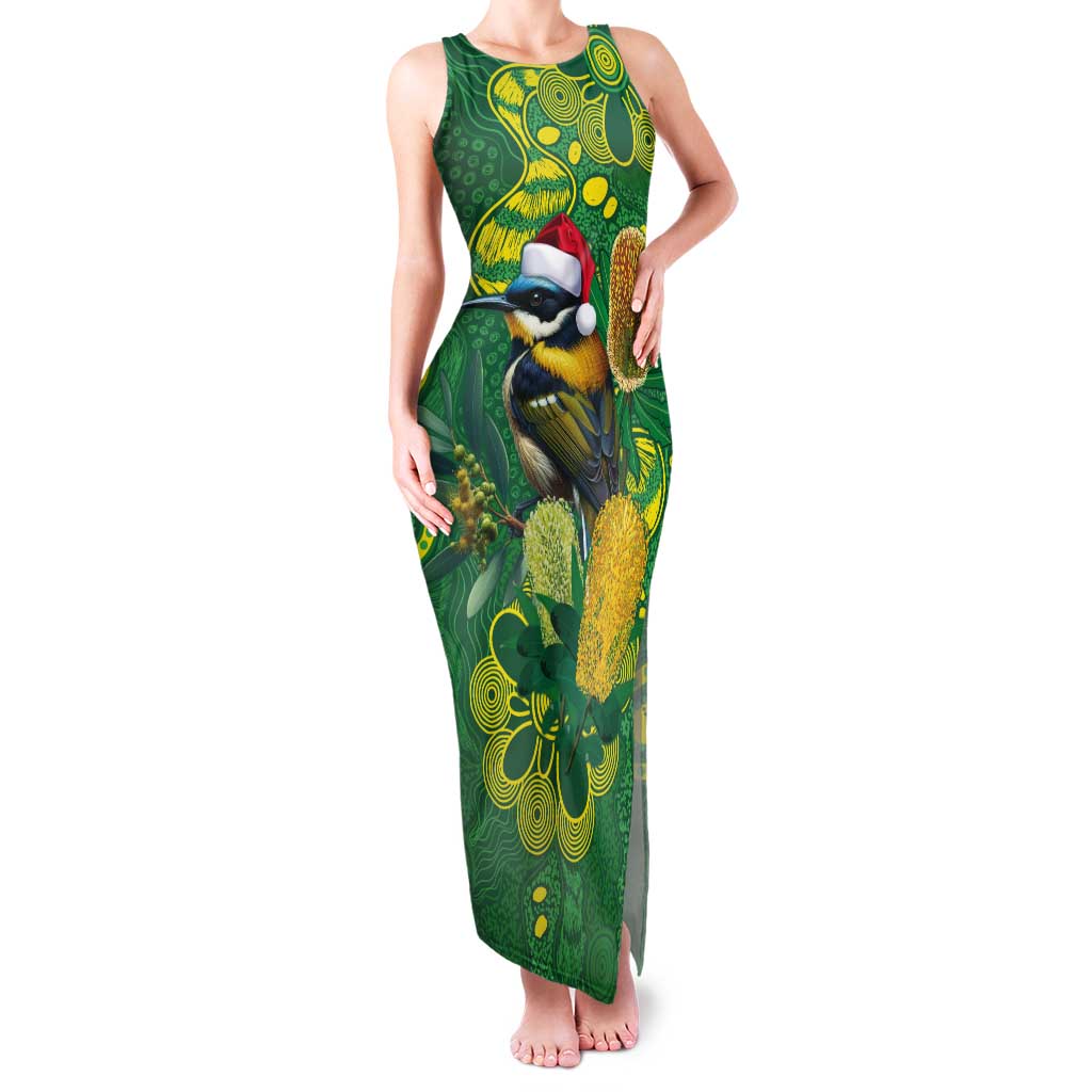 Aussie Honeyeaters Banksia Christmas Tank Maxi Dress Aboriginal Dots Painting Green Motif - Aussie Hoodie