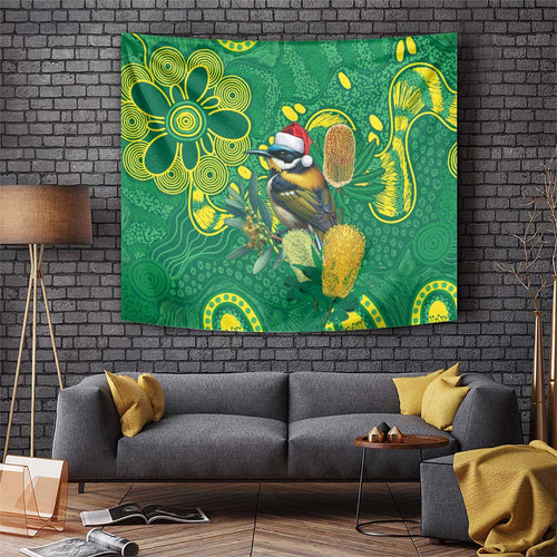 Aussie Honeyeaters Banksia Christmas Tapestry Aboriginal Dots Painting Green Motif - Aussie Hoodie