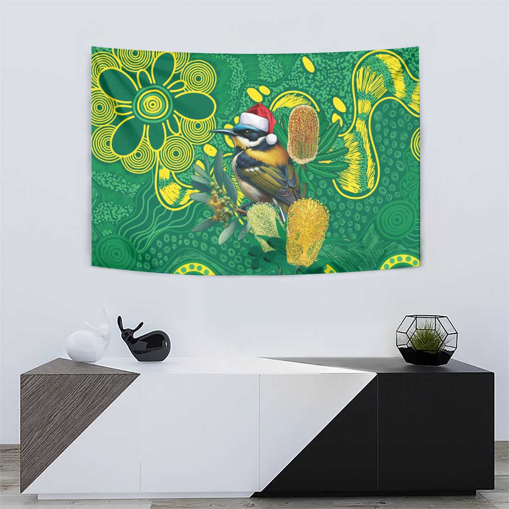 Aussie Honeyeaters Banksia Christmas Tapestry Aboriginal Dots Painting Green Motif - Aussie Hoodie