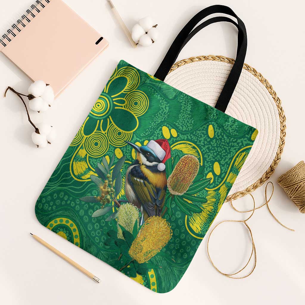 Aussie Honeyeaters Banksia Christmas Tote Bag Aboriginal Dots Painting Green Motif - Aussie Hoodie