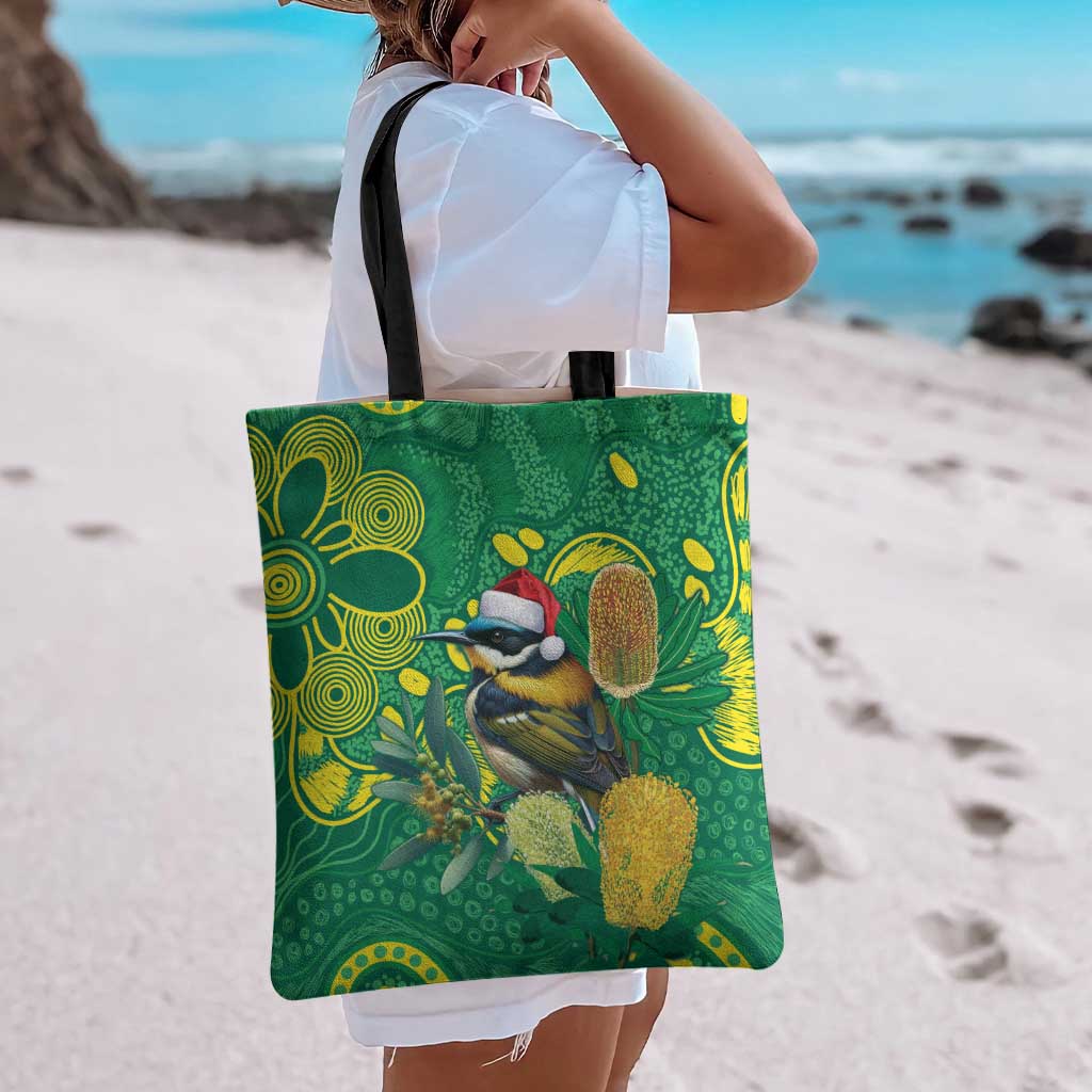Aussie Honeyeaters Banksia Christmas Tote Bag Aboriginal Dots Painting Green Motif - Aussie Hoodie