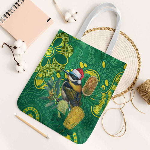 Aussie Honeyeaters Banksia Christmas Tote Bag Aboriginal Dots Painting Green Motif - Aussie Hoodie