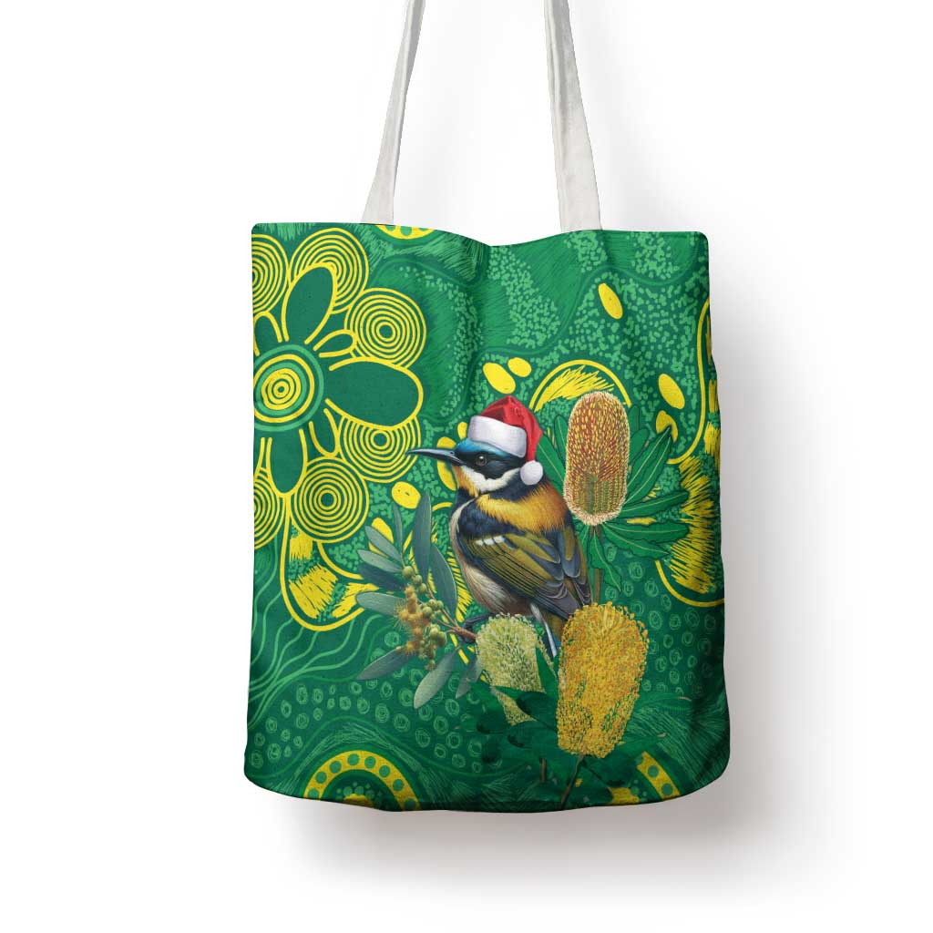 Aussie Honeyeaters Banksia Christmas Tote Bag Aboriginal Dots Painting Green Motif - Aussie Hoodie