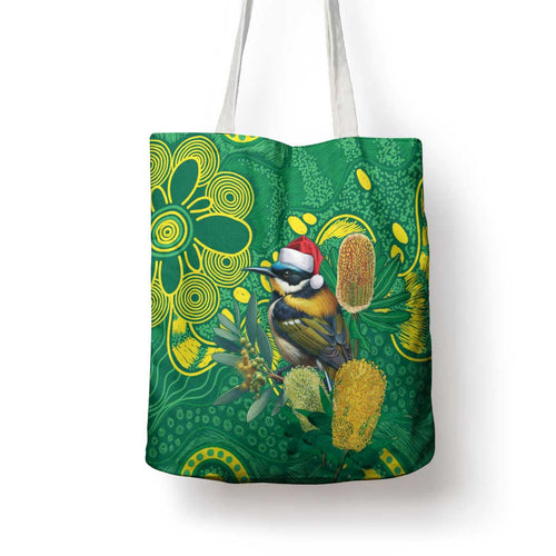 Aussie Honeyeaters Banksia Christmas Tote Bag Aboriginal Dots Painting Green Motif - Aussie Hoodie
