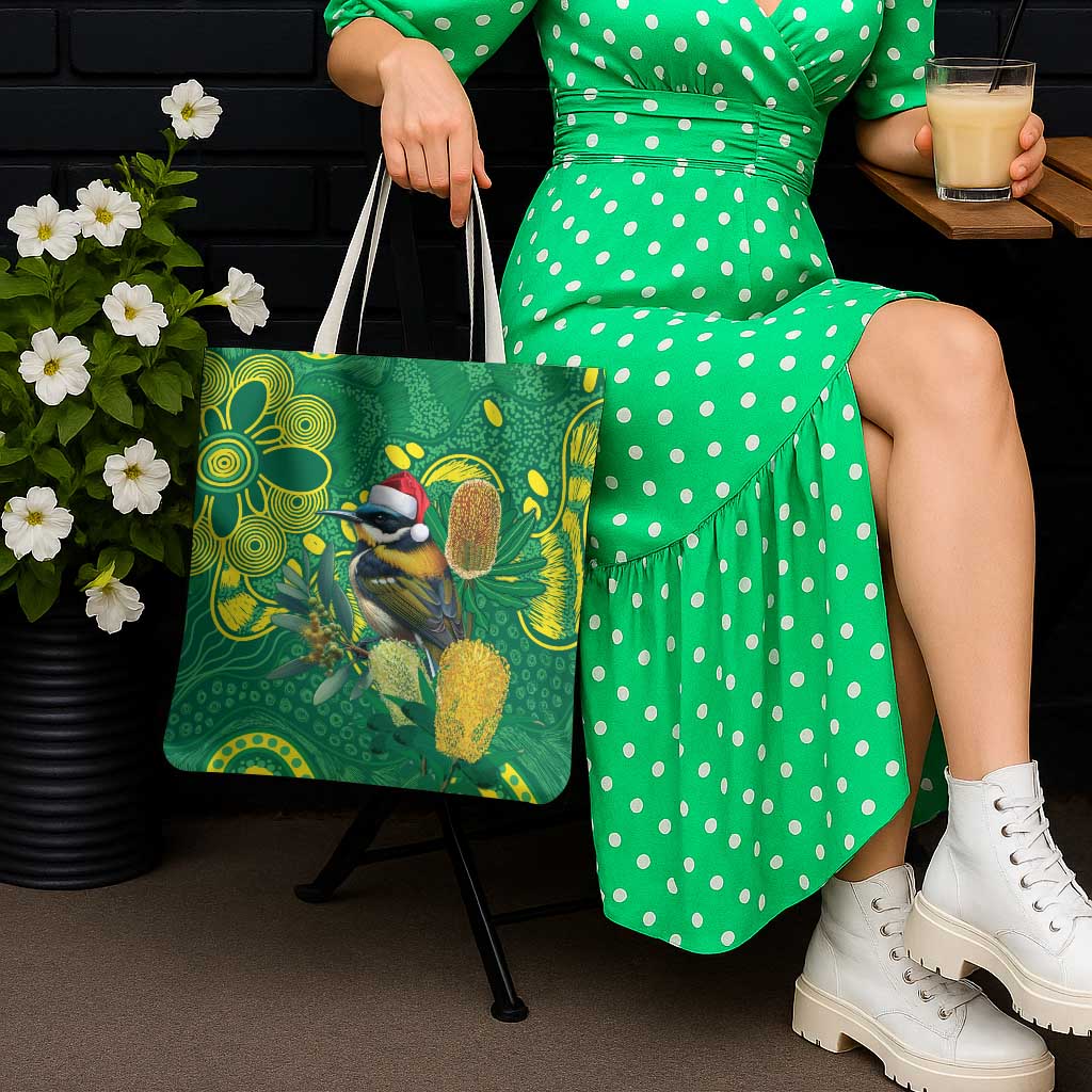 Aussie Honeyeaters Banksia Christmas Tote Bag Aboriginal Dots Painting Green Motif - Aussie Hoodie