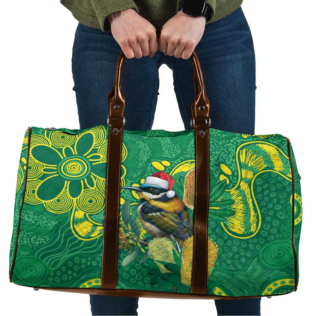 Aussie Honeyeaters Banksia Christmas Travel Bag Aboriginal Dots Painting Green Motif - Aussie Hoodie
