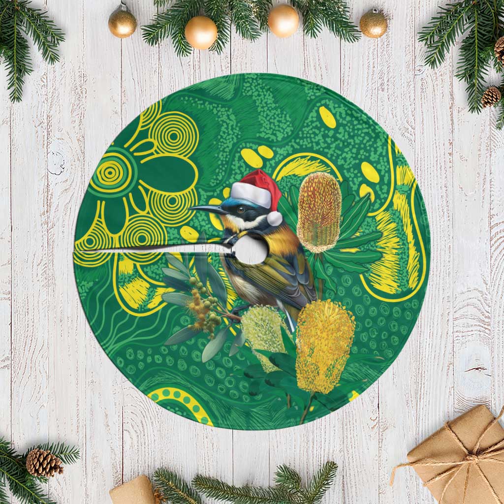 Aussie Honeyeaters Banksia Christmas Tree Skirt Aboriginal Dots Painting Green Motif - Aussie Hoodie