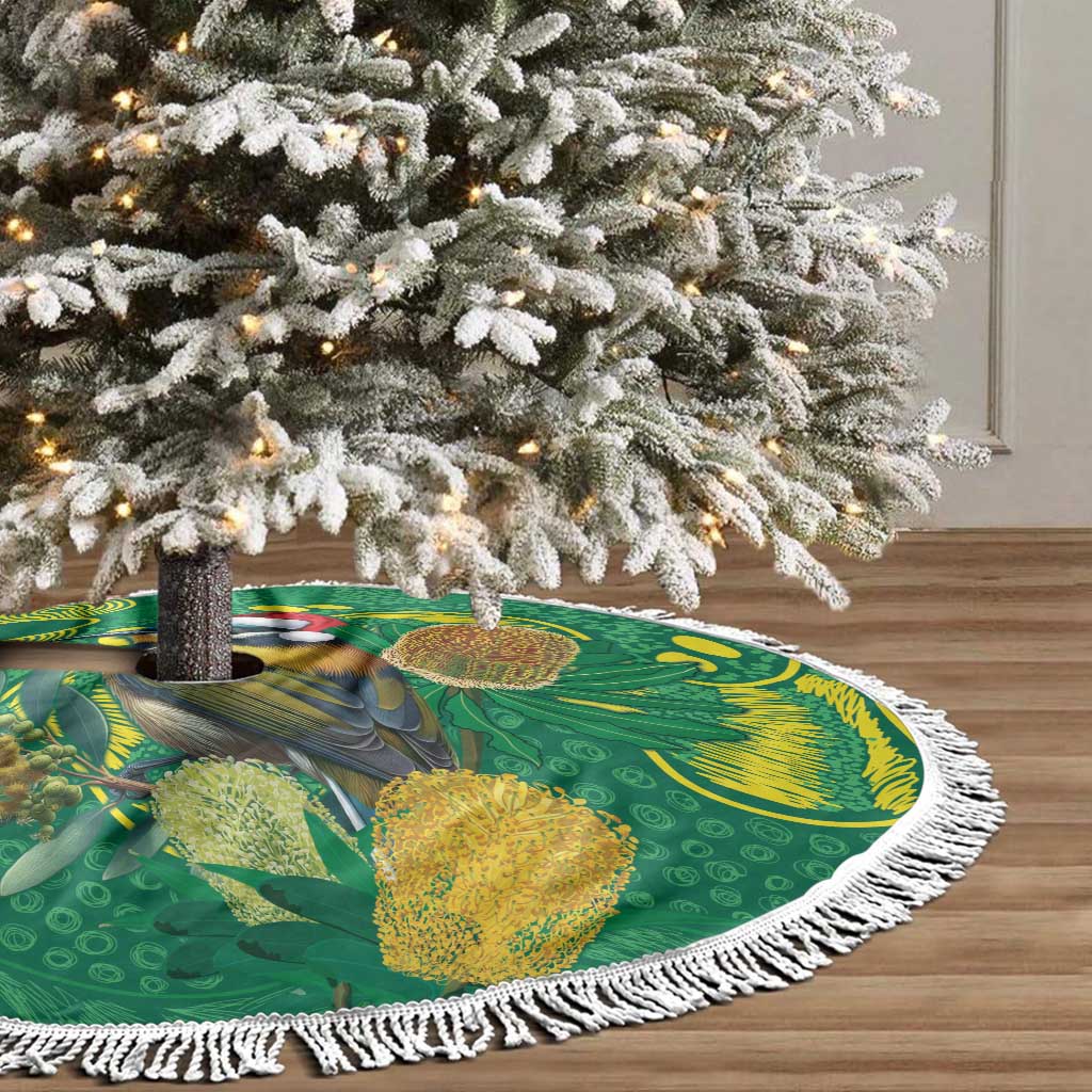 Aussie Honeyeaters Banksia Christmas Tree Skirt Aboriginal Dots Painting Green Motif - Aussie Hoodie