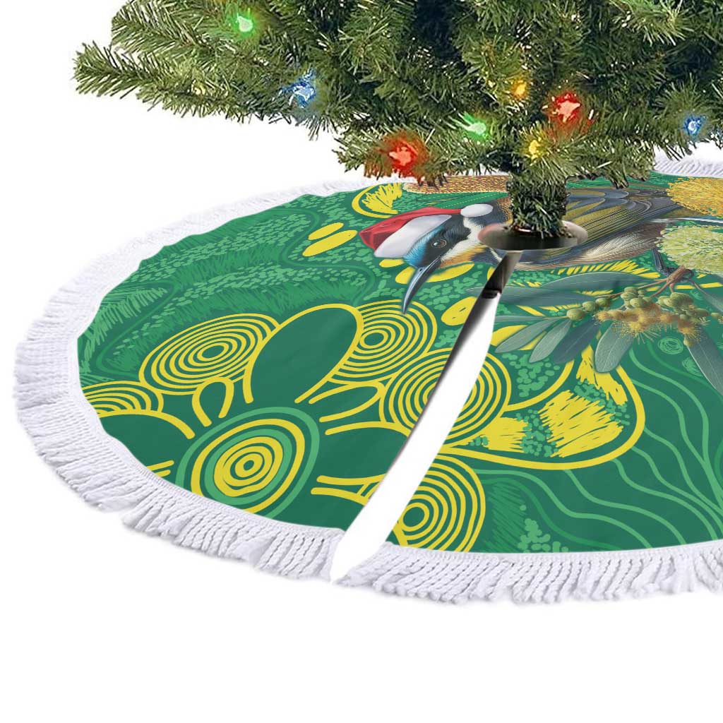 Aussie Honeyeaters Banksia Christmas Tree Skirt Aboriginal Dots Painting Green Motif - Aussie Hoodie