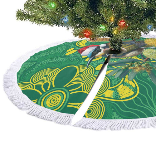 Aussie Honeyeaters Banksia Christmas Tree Skirt Aboriginal Dots Painting Green Motif - Aussie Hoodie